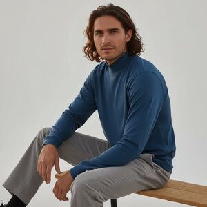 Vintage Eddie Bauer USA Mock Turtleneck Shirt Blue Long Sleeve Size Large